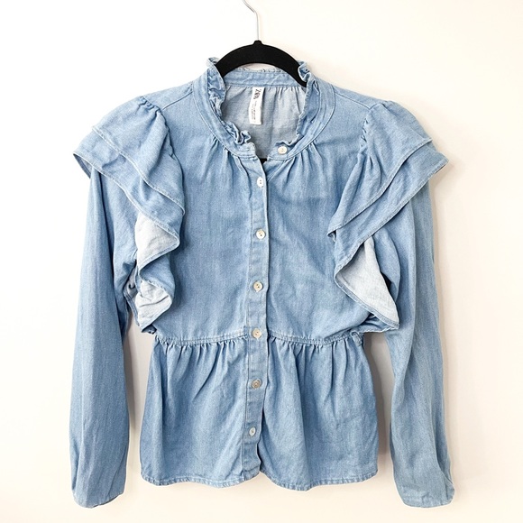 Zara Light Blue Ruffles Denim Button Down Shirt Size XS - Picture 3 of 7